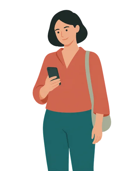 Eine Hebamme mit einem Smartphone in einer Hand und einer Hausbesuchstasche, in Terrakotta und Grüntönen illustriert.